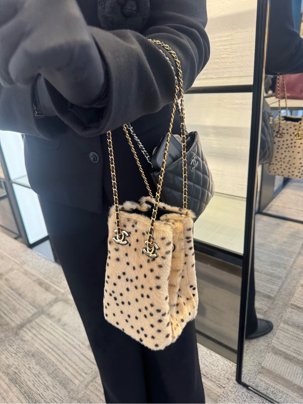 CHANEL spotted pony Faux Fur Mini Bag with Black Spot Print and Gold Chain